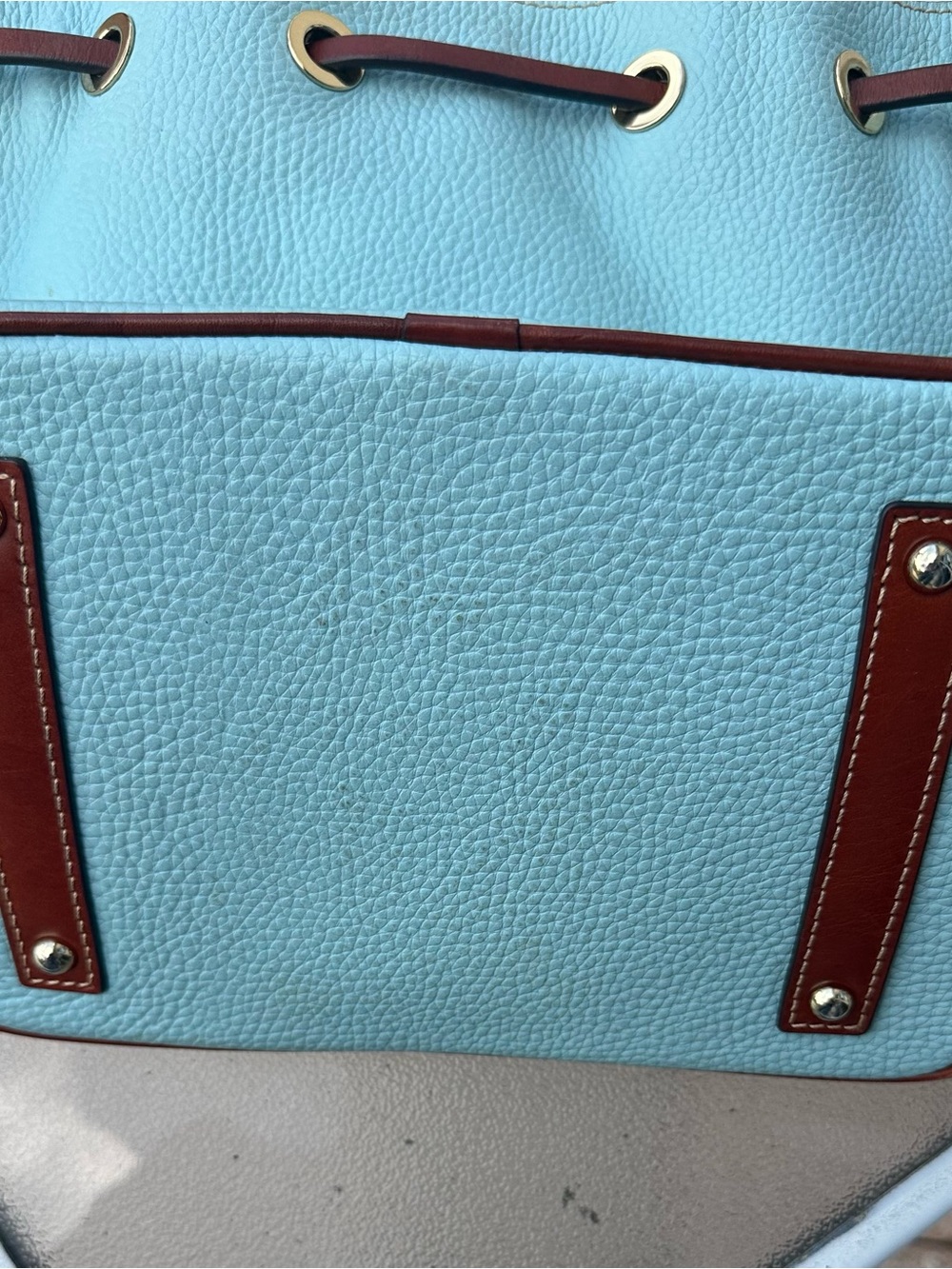 Dooney & Bourke Aqua Leather Drawstring Shoulder Bag with Brown Tassels - Picture 3 of 5